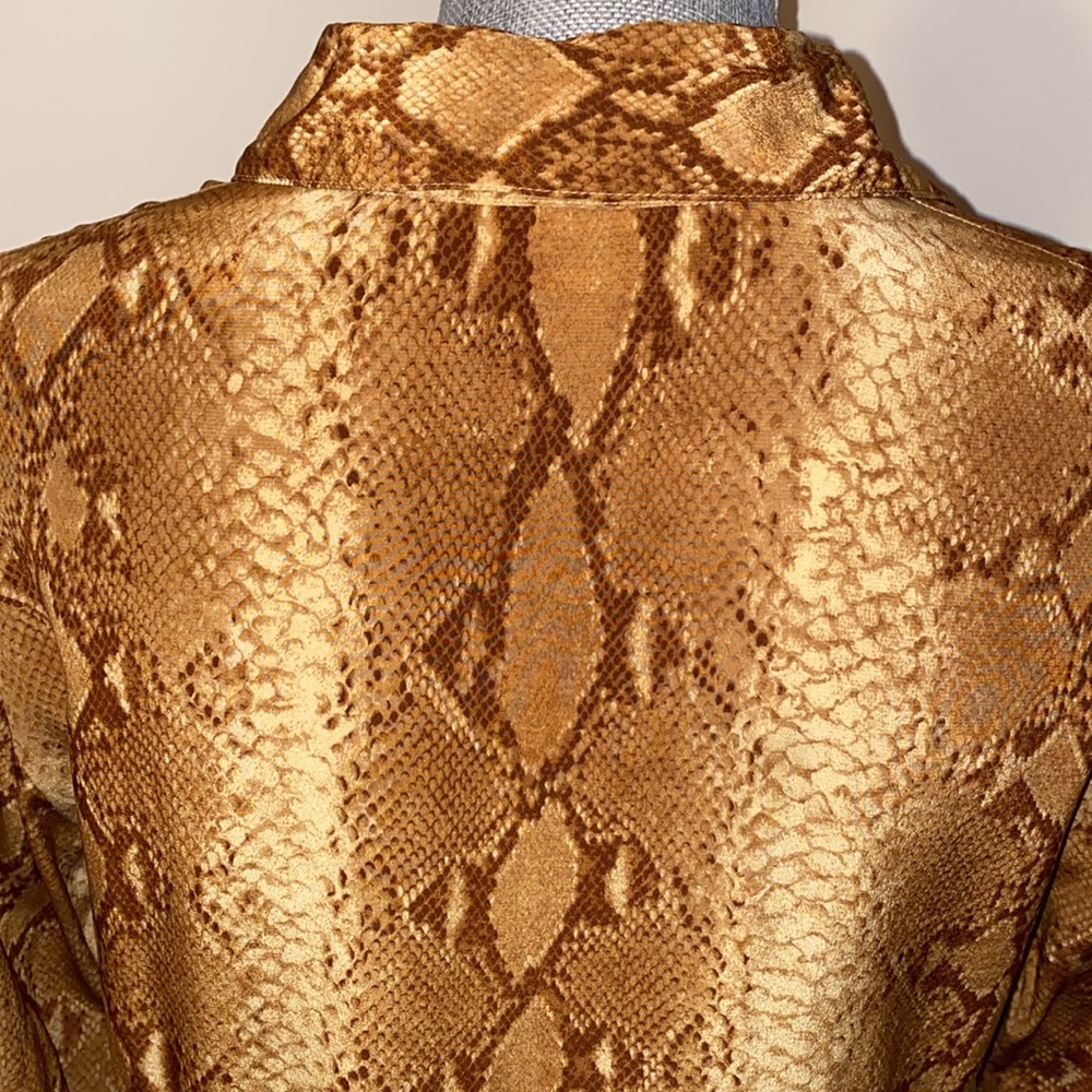 90’s Y2K Mob Wife Vintage Silk Snake Print Blouse Gold Brown Tan Size 38 Small